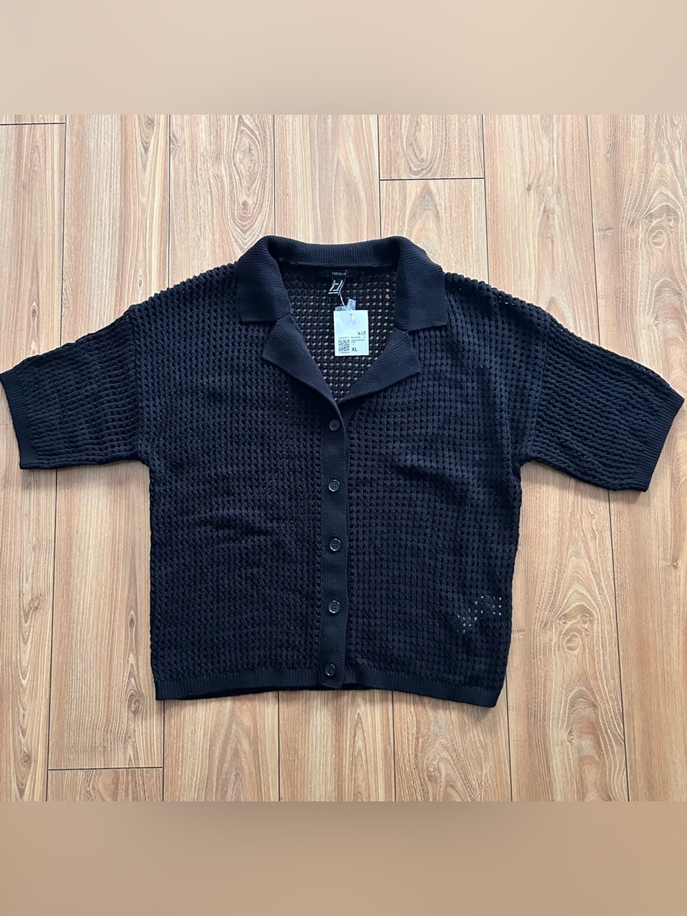 Forever 21 Women’s NWT Black Open Knit Collared Short Sleeve Cardigan Sweater XL